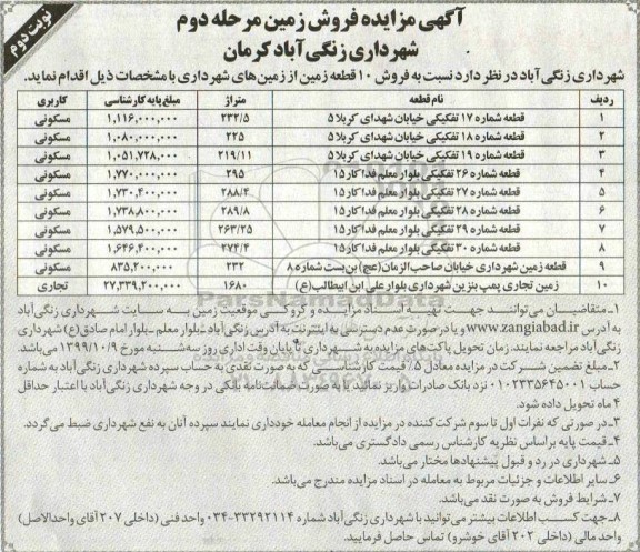 مزایده،مزایده فروش زمین کاربری مسکونی و تجاری نوبت دوم