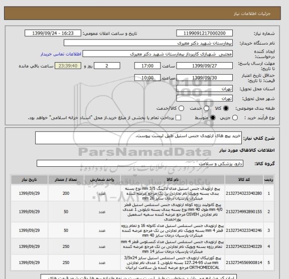 استعلام خرید پیچ های ارتوپدی جنس استیل طبق لیست پیوست.