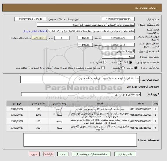 استعلام مداد غذائی(با توجه به مدارک پیوستی قیمت داده شود)