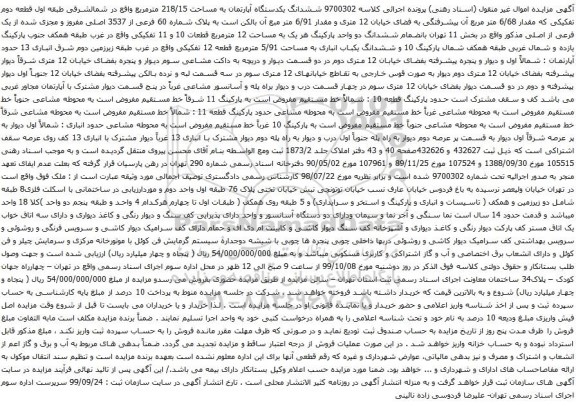 آگهی مزایده ششدانگ یکدستگاه آپارتمان به مساحت 218/15 مترمربع
