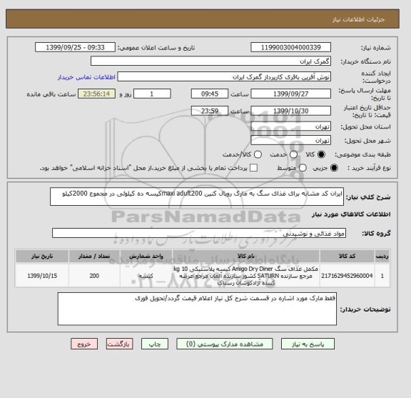 استعلام ایران کد مشابه برای غذای سگ به مارک رویال کنین maxi adult200کیسه ده کیلوئی در مجموع 2000کیلو 