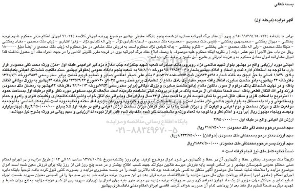 مزایده،مزایده فروش ششدانگ اعیانی یکبابخانه پلاک 1/849 اصلی