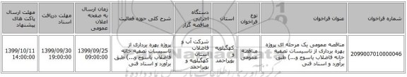 مناقصه عمومی یک مرحله ای پروژه بهره برداری از تاسیسات تصفیه خانه فاضلاب یاسوج و...) طبق برآورد و اسناد فنی
