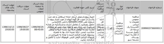 مناقصه عمومی همزمان با ارزیابی (فشرده) یک مرحله ای تکمیل مدرسه 2 کلاسه خیری روستای چشمه شور 
