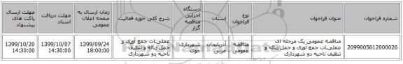 مناقصه عمومی یک مرحله ای عملیـات جمع آوری و حمل زباله و تنظیف ناحیه دو شهرداری 