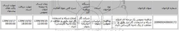 مناقصه عمومی یک مرحله ای اصلاح شبکه و انشعابات گاز ابزار دقیق و حفاظت از زنگ ناحیه گازرسانی تایباد