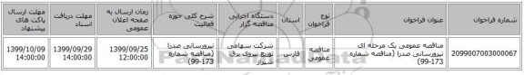 مناقصه عمومی یک مرحله ای نیرورسانی صدرا (مناقصه شماره 173-99)