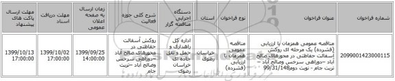 مناقصه عمومی همزمان با ارزیابی (فشرده) یک مرحله ای روکش آسفالت حفاظتی در محورهای صالح آباد –دوراهی سرخس  وصالح آباد –تربت جام - نوبت دوم99/31/148