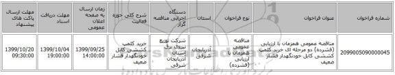 مناقصه عمومی همزمان با ارزیابی (فشرده) دو مرحله ای خرید کلمپ کششی کابل خودنگهدار فشار ضعیف