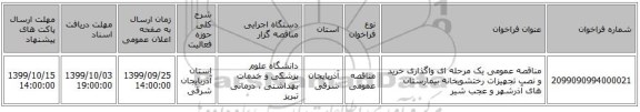 مناقصه عمومی یک مرحله ای واگذاری خرید و نصب تجهیزات رختشویخانه بیمارستان های آذرشهر و عجب شیر