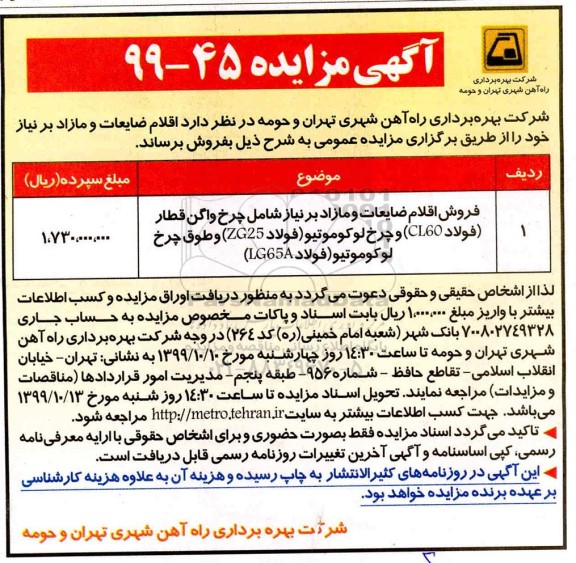 مزایده، مزایده فروش اقلام ضایعات و مازاد