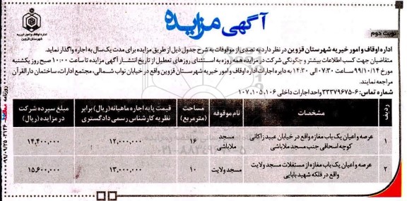مزایده , مزایده اجاره عرصه و اعیان یک باب مغازه .... نوبت دوم