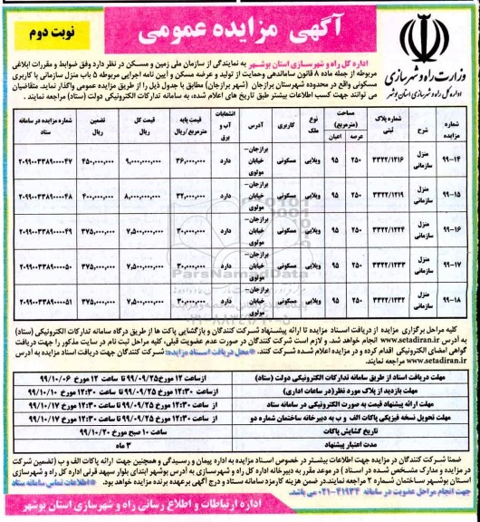 مزایده مزایده واگذاری 5 باب منزل سازمان با کاربری مسکونی نوبت دوم