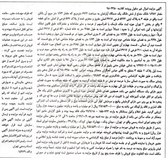مزایده، مزایده 1.382 دانگ مشاع از ششدانگ آپارتمان