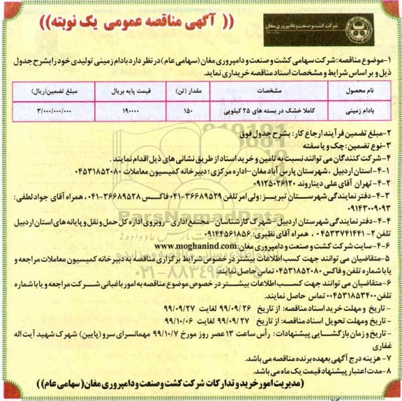 مناقصه, مناقصه خرید بادام زمینی تولیدی