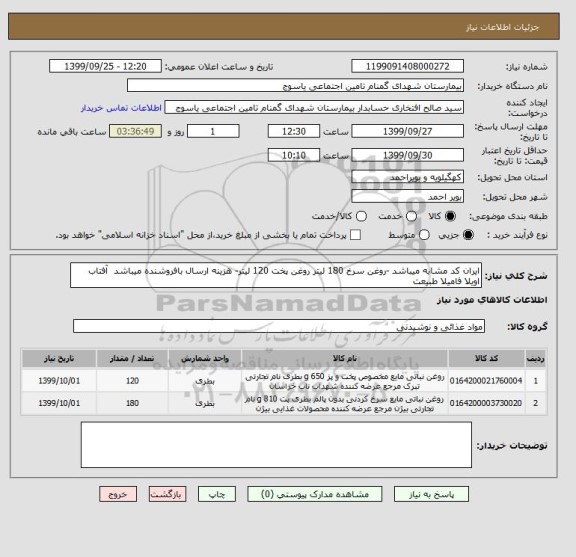 استعلام ایران کد مشابه میباشد -روغن سرخ 180 لیتر روغن پخت 120 لیتر- هزینه ارسال بافروشنده میباشد آفتاب اویلا فامیلا طبیعت
