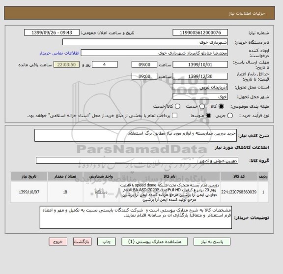 استعلام خرید دوربین مداربسته و لوازم مورد نیاز مطابق برگ استعلام