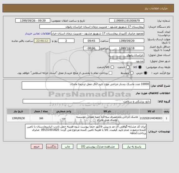 استعلام 10000 عدد ماسک بنددار جراحی مورد تایید اتاق عمل ترجیحا مادران