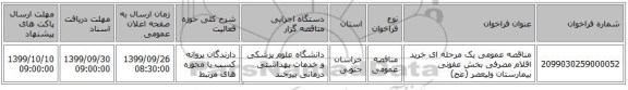 مناقصه عمومی یک مرحله ای خرید  اقلام مصرفی بخش عفونی بیمارستان ولیعصر (عج)  