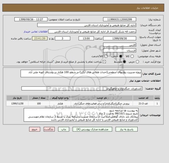 استعلام پروژه مدیریت رونابهای سطحی(احداث هلالی های آبگیر) در سطح 100 هکتار در روستای کهنه علی آباد