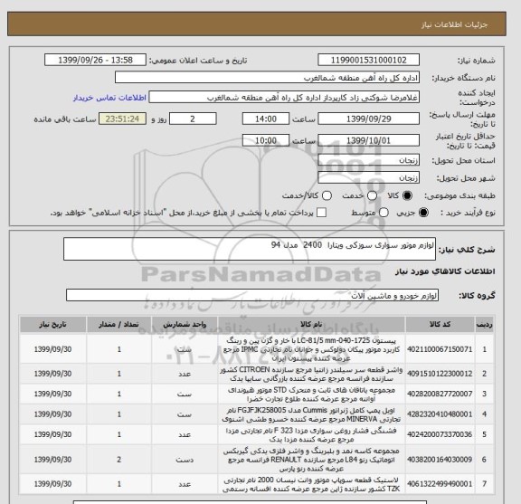 استعلام لوازم موتور سواری سوزکی ویتارا 2400 مدل 94