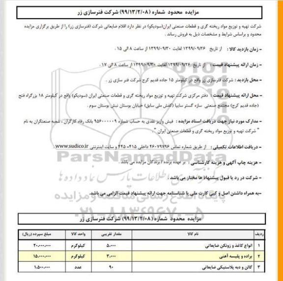 مزایده, مزایده اقلام ضایعاتی شرکت شامل انواع کاغذ و زونکن ضایعاتی... 