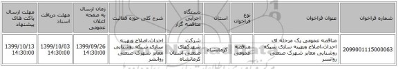 مناقصه عمومی یک مرحله ای احداث،اصلاح وبهینه سازی شبکه روشنایی معابر شهرک صنعتی روانسر