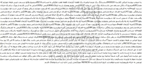 آگهی مزایده ششدانگ یک عرصه واعیان یک قطعه آپارتمان