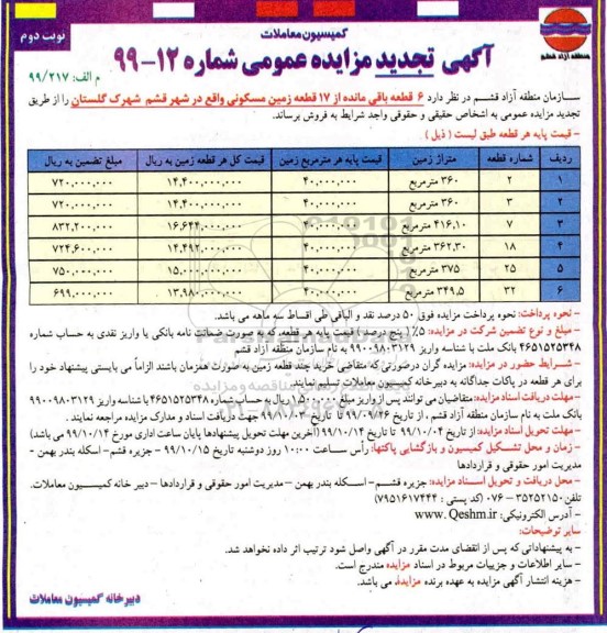 مزایده،مزایده فروش 6 قطعه باقی مانده از 17 قطعه زمین مسکونی نوبت دوم