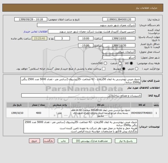 استعلام جدول مینی نیوجرسی به ابعاد 50ارتفاع - 42 ضخامت -35پیشروی (سانتی متر - تعداد 5000 عدد 2500 رنگی و2500 ساده 