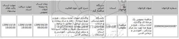 مناقصه عمومی یک مرحله ای  واگذاری آماده سازی ،  طبخ و توزیع غذا  مورد نیاز مرکز پزشکی ، آموزشی  و درمانی قدس