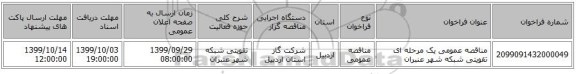 مناقصه عمومی یک مرحله ای تقویتی شبکه شهر عنبران 