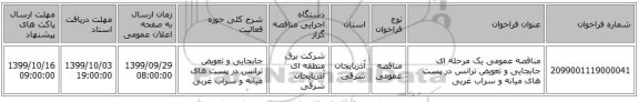مناقصه عمومی یک مرحله ای جابجایی و تعویض ترانس در پست های میانه و سراب غربی