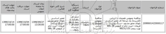 مناقصه عمومی همزمان با ارزیابی (فشرده) یک مرحله ای تعمیر اساسی پلهای محور مشهد –سنگ بست-فریمان –تربت جام از کیلومتر 28 تا68 نوبت پنجم 99/31/151
