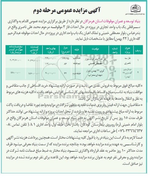 آگهی مزایده عمومی ، مزایده واگذاری سرقفلی یک باب واحد تجاری  مرحله دوم 