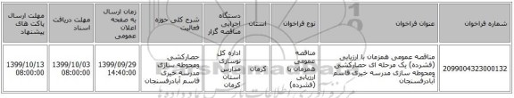 مناقصه عمومی همزمان با ارزیابی (فشرده) یک مرحله ای حصارکشی ومحوطه سازی مدرسه خیری قاسم آبادرفسنجان