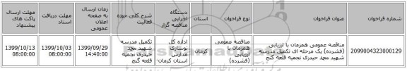 مناقصه عمومی همزمان با ارزیابی (فشرده) یک مرحله ای تکمیل مدرسه شهید محمد حیدری نجمیه  قلعه گنج