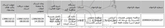 مناقصه عمومی همزمان با ارزیابی (فشرده) یک مرحله ای تکمیل مدرسه الزهرا (س) تمگران قلعه گنج