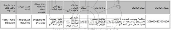 مناقصه عمومی همزمان با ارزیابی (فشرده) یک مرحله ای تکمیل مدرسه فضیلت چهل منی قلعه گنج