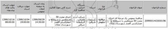 مناقصه عمومی یک مرحله ای اجرای مخزن 50 مترمکعبی با شیرخانه و حصارکشی آقمنار شهرستان ملکان