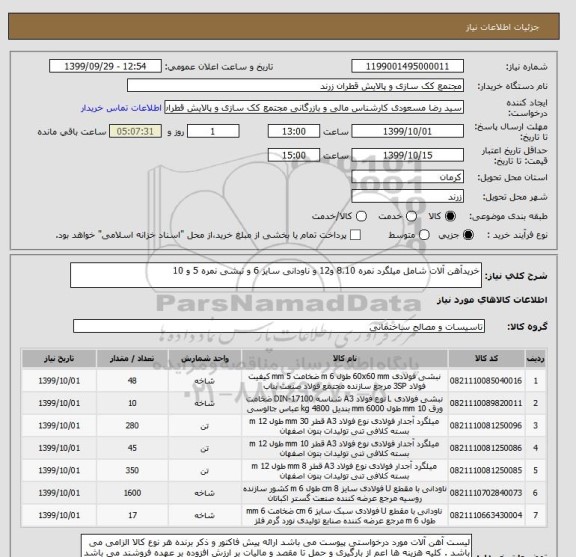 استعلام خریدآهن آلات شامل میلگرد نمره 8،10 و12 و ناودانی سایز 6 و نبشی نمره 5 و 10 