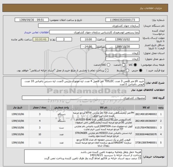 استعلام خرید ph متر قلمی 3 عدد، TDS,EC متر قلمی 4 عدد، اره موتوری بنزینی 3عدد، اره دستی باغبانی 10 عدد، قیچی باغبانی 11عدد