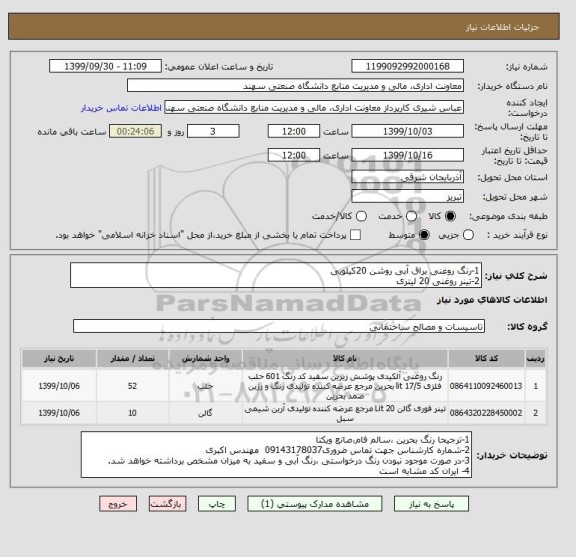 استعلام 1-رنگ روغنی براق آبی روشن 20کیلویی
2-تینر روغنی 20 لیتری