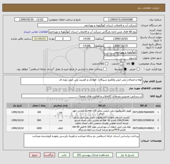 استعلام لوله و انصالات پلی اتیلن والکترو شیرالات  فولادی و کمربند پلی اتیلن روزه ای