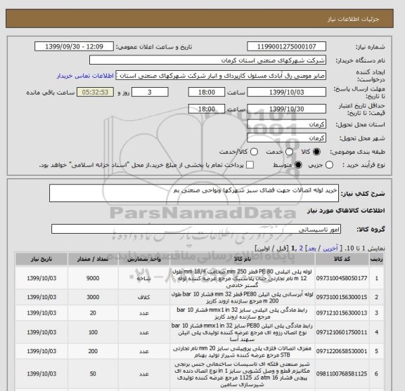 استعلام خرید لوله اتصالات جهت فضای سبز شهرکها ونواحی صنعتی بم