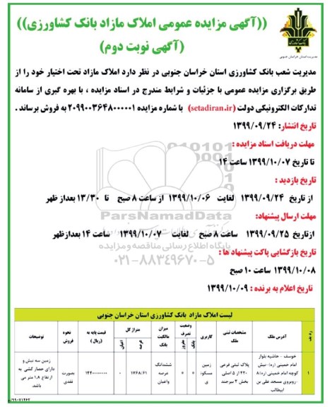 مزایده،مزایده فروش املاک مازاد کاربری زمین و مسکونی نوبت دوم