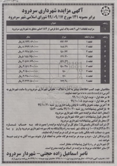 مزایده, مزایده قطعات 1 الی 9 تحت پلاک ثبتی 58 فرعی از 184 اصلی