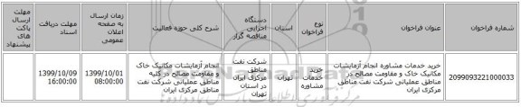 خرید خدمات مشاوره انجام آزمایشات مکانیک خاک و مقاومت مصالح در مناطق عملیاتی شرکت نفت مناطق مرکزی ایران