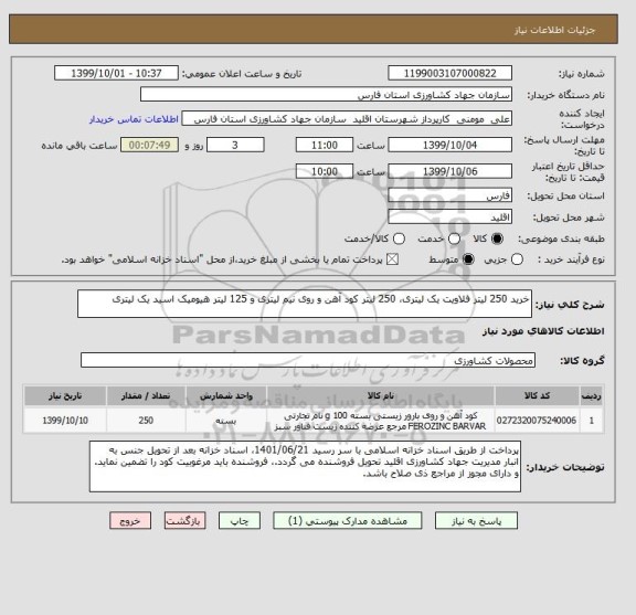 استعلام خرید 250 لیتر فلاویت یک لیتری، 250 لیتر کود آهن و روی نیم لیتری و 125 لیتر هیومیک اسید یک لیتری