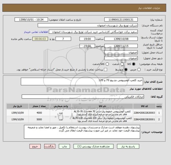 استعلام خرید کلمپ آلومینیومی دو پیچ 70 و 120 